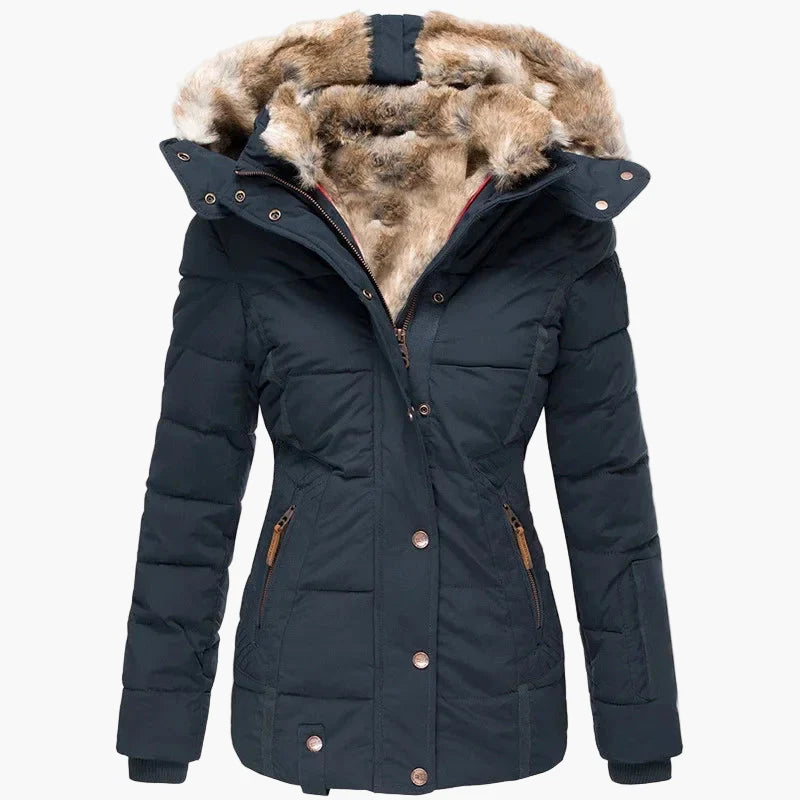 Vinterjakke til dame med hette, elegant urban stil, innsvingt passform, pelskrage og glidelåslukking