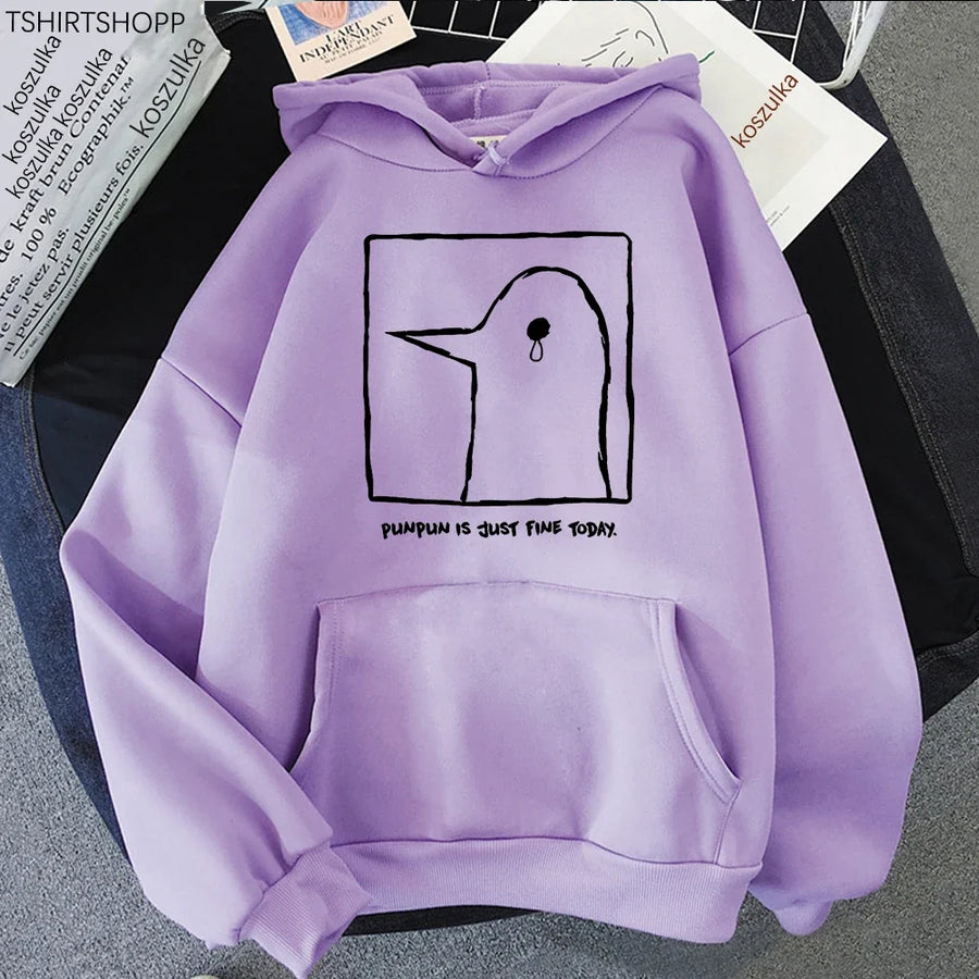 Oversize-Kapuzenpullover in Beige mit Motiv des traurigen Vogels „Punpun“