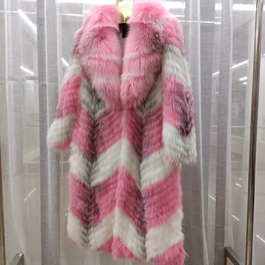 Manteau long pour femme en fausse fourrure à motif chevrons et col large