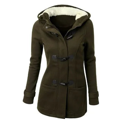 Duffle coat da donna nero con cappuccio foderato in pelliccia e alamari