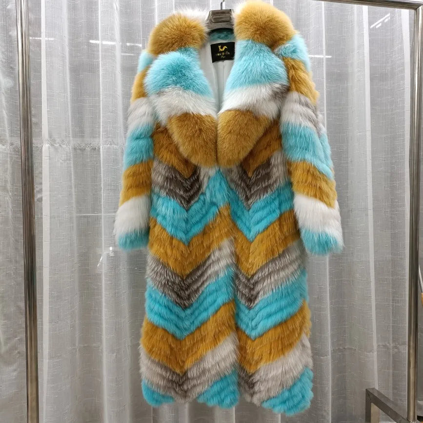 Manteau long pour femme en fausse fourrure à motif chevrons et col large
