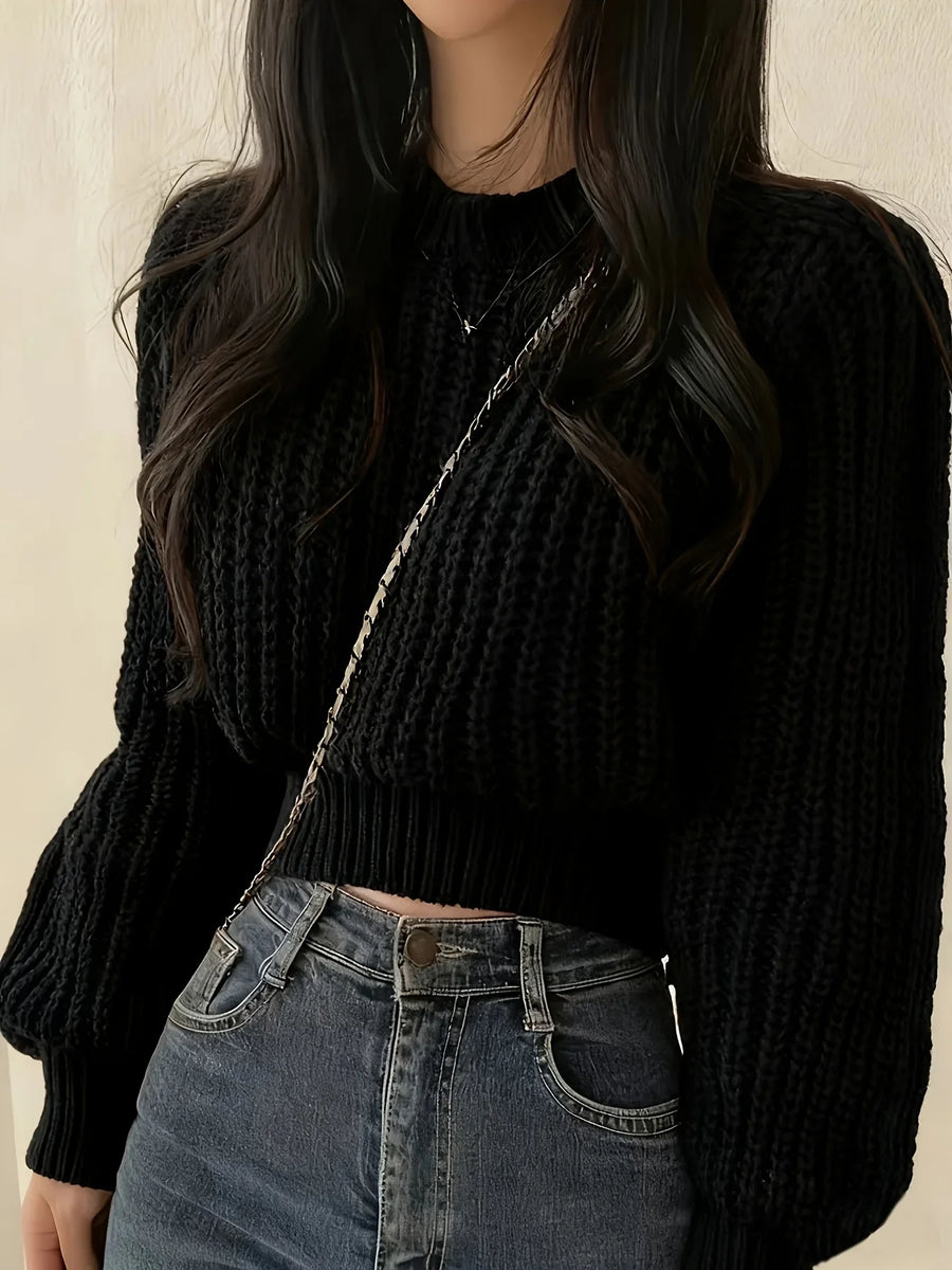 Pull court en maille côtelée pour femme, manches longues amples