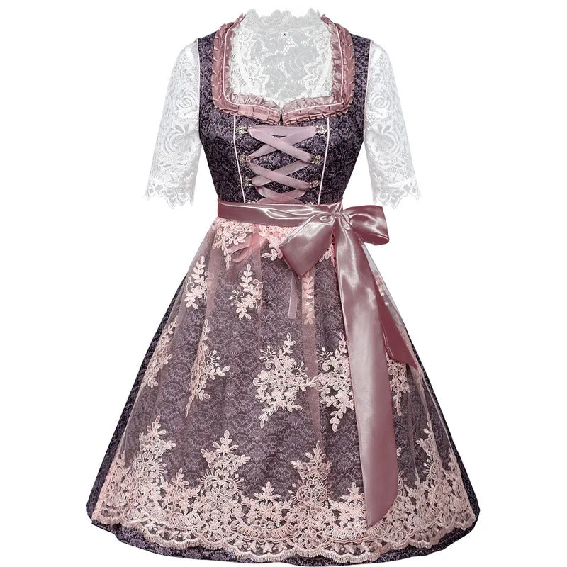 Traditionel dirndl-kjole til kvinder i rosa og grå med blonde og korte ærmer