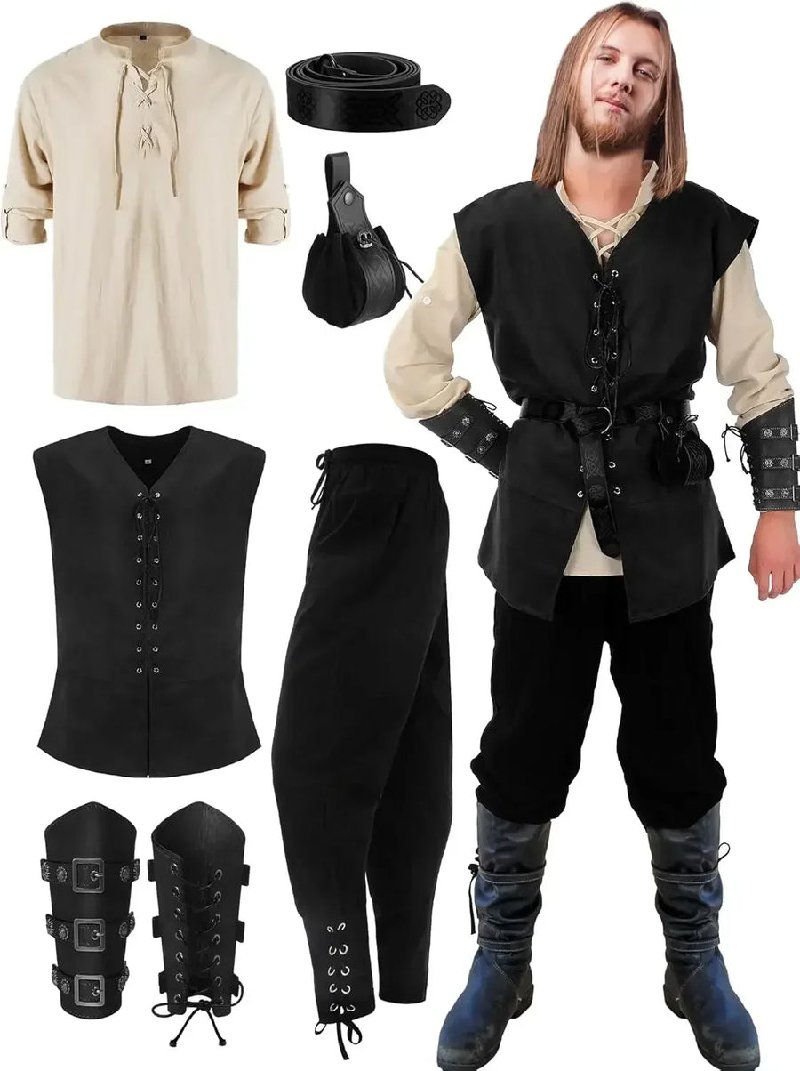 Costume medievale completo da uomo: giacca stringata, camicia, pantaloni, cintura e bracciale da polso