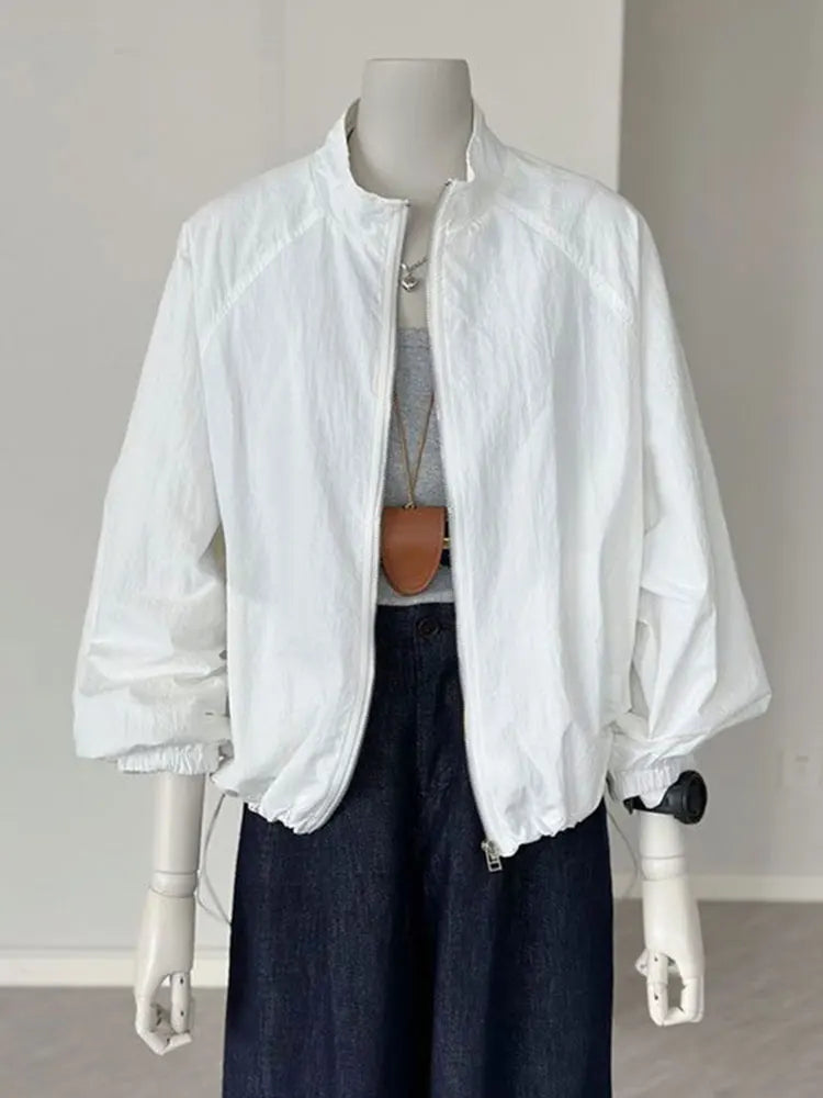 Women's Lightweight High-Collar Zip-Up Jacket with Puff Sleeves