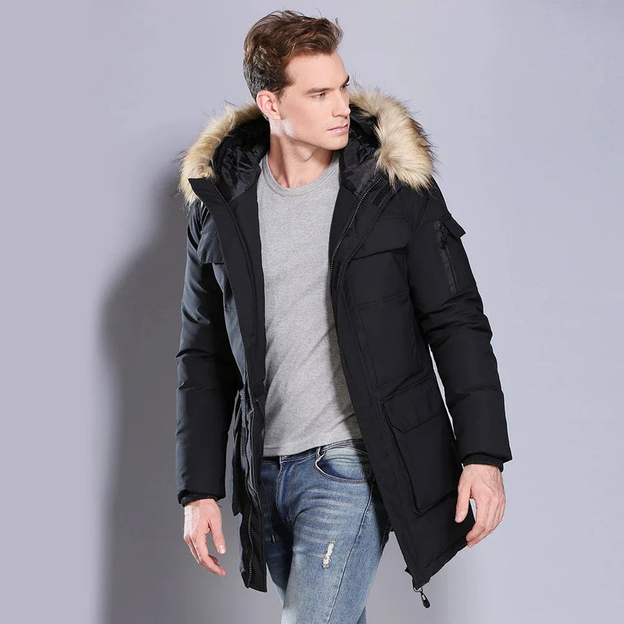 Parka Homme Noire Capuche Bordée Fourrure Synthétique Matelassée