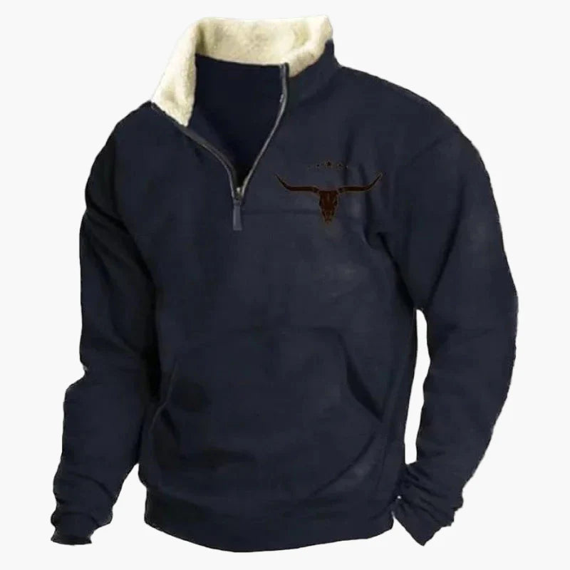 Sweat-shirt polaire homme style western à col zippé – Motifs ethniques et bisons