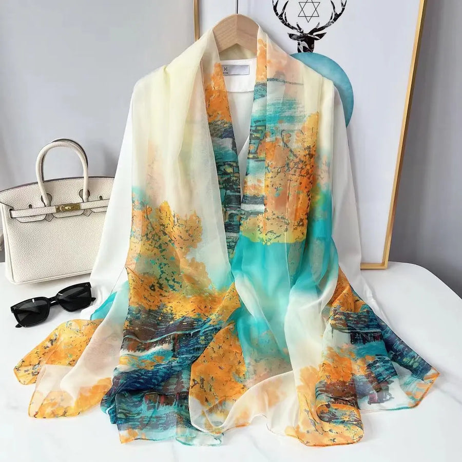 Lightweight women's scarf with landscape or floral patterns