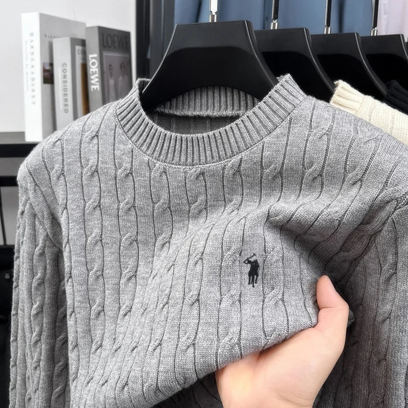 Pullover da uomo girocollo in maglia a trecce, bianco sporco