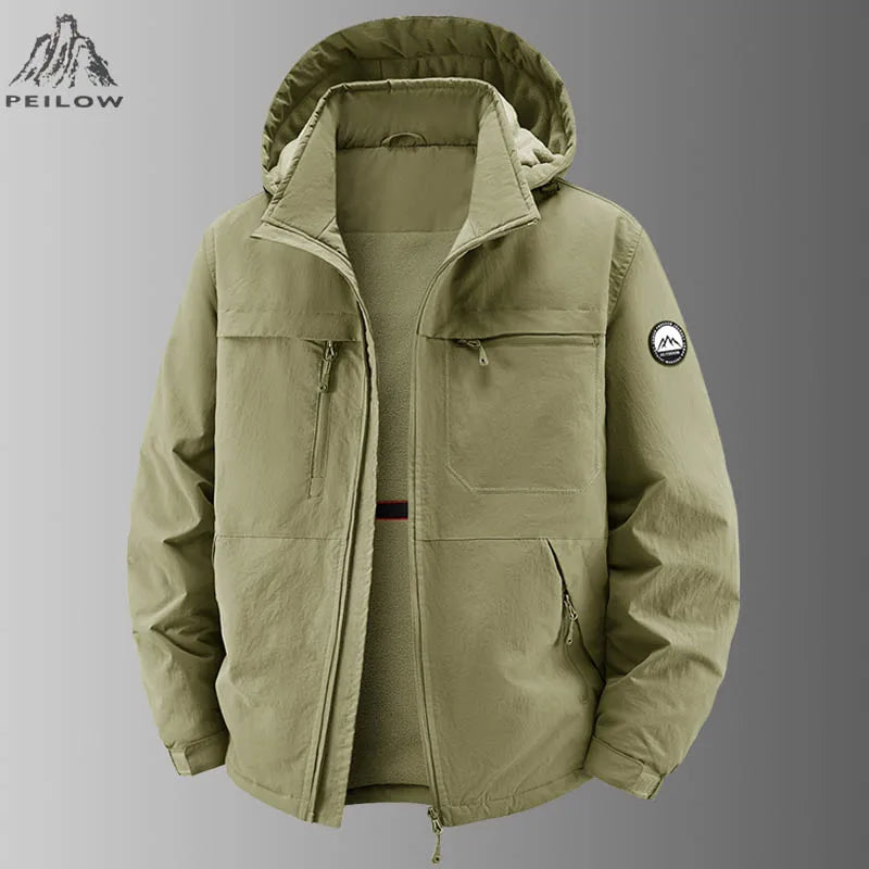 Men's lined hooded jacket with multiple pockets, zip closure, and sleeve badge