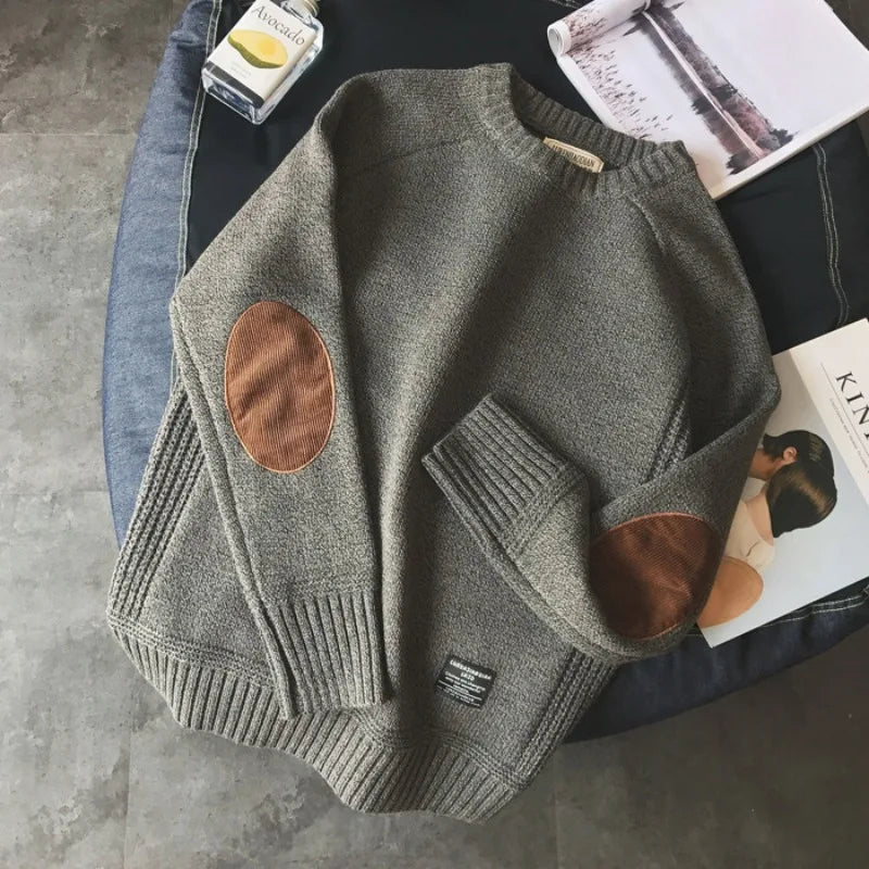 Pull homme col rond tricoté à coudières contrastantes