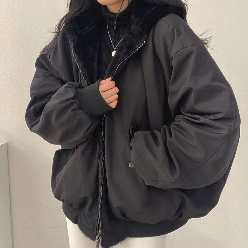 Veste bomber femme réversible à capuche en polaire doux et tissu uni