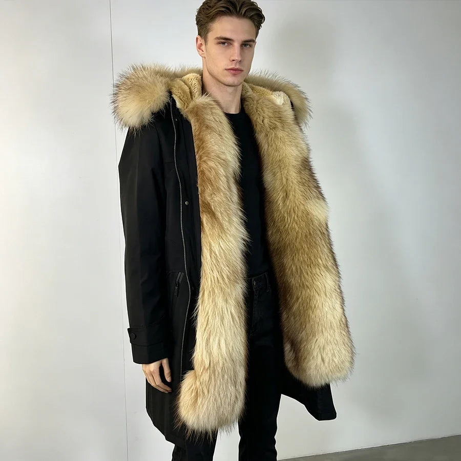 Schwarze Herren-Parka mit Kapuze, blondem Kunstfellbesatz und Kunstfellfutter
