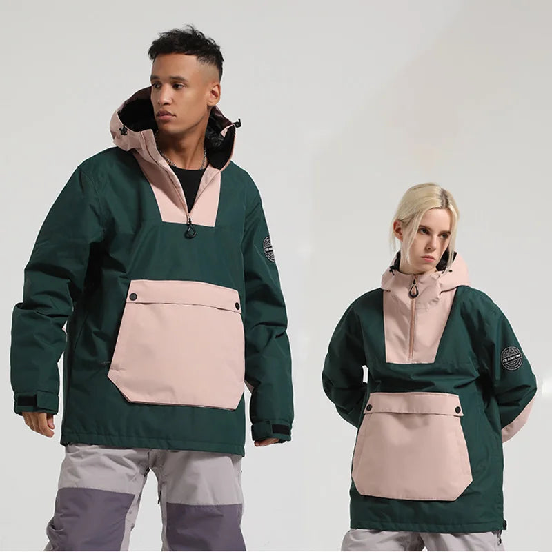 Damen-Anorak-Skijacke mit Kapuze, wasserdicht und winddicht, mit großer Fronttasche