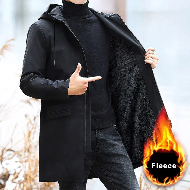 Abrigo largo negro con capucha para hombre, forrado de polar para el invierno