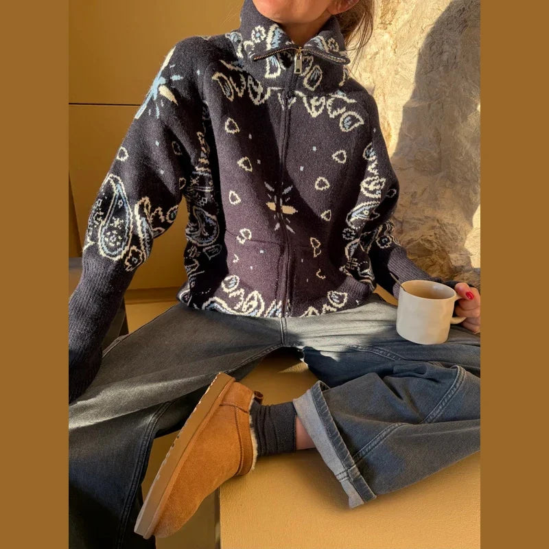 Women's Bandana-Print Zip-Up Jacket with a Stand Collar