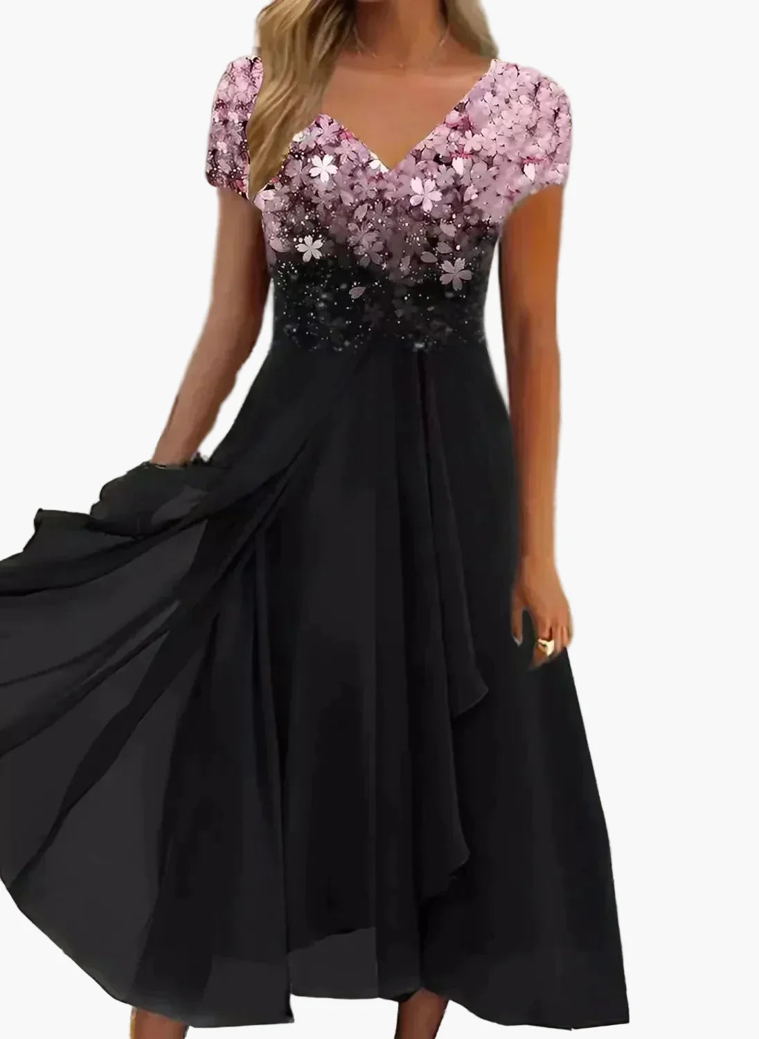 Robe de soirée élégante femme style fleuri haut chic jupe fluide événement