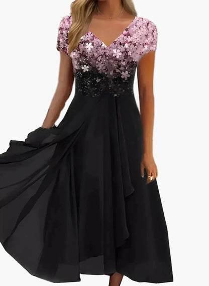 Robe élégante femme soirée chic à fleurs dégradées style moderne