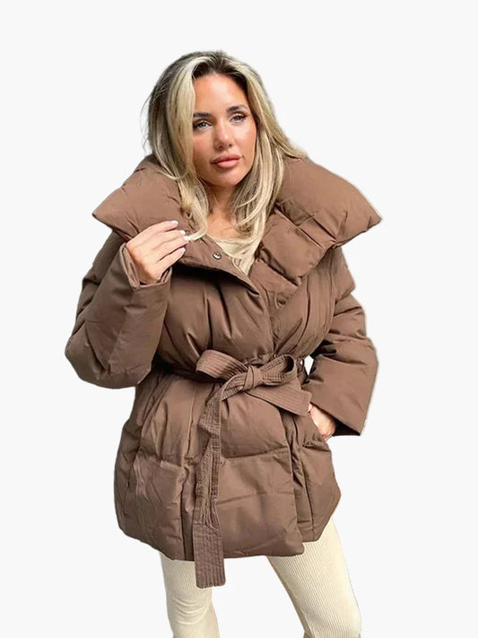 Cappotto Invernale Donna Stile Urbano Elegante con Cintura e Collo Largo