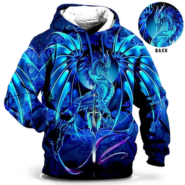 Unisex hettegenser med blått bevinget dragemotiv og heldekkende grafisk motiv
