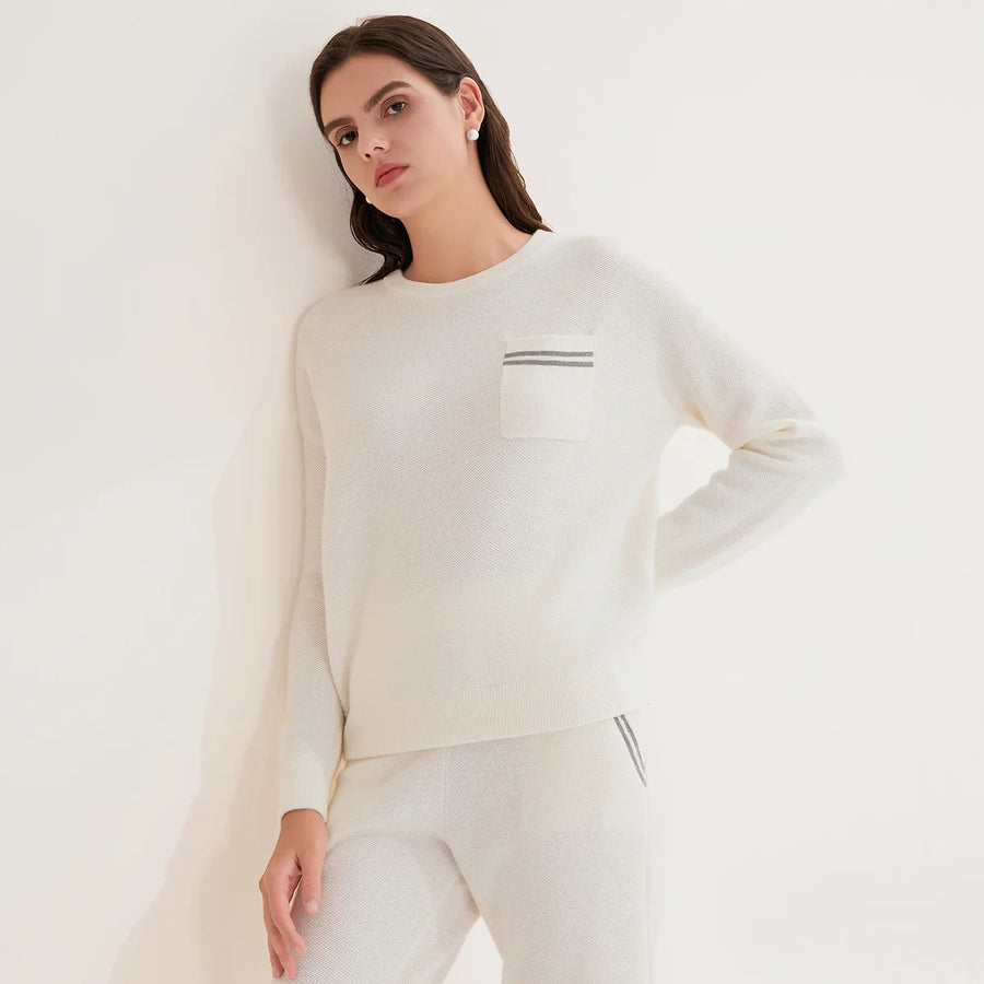Jersey de cuello redondo para mujer, de punto fino, con bolsillo en el pecho y ribete brillante
