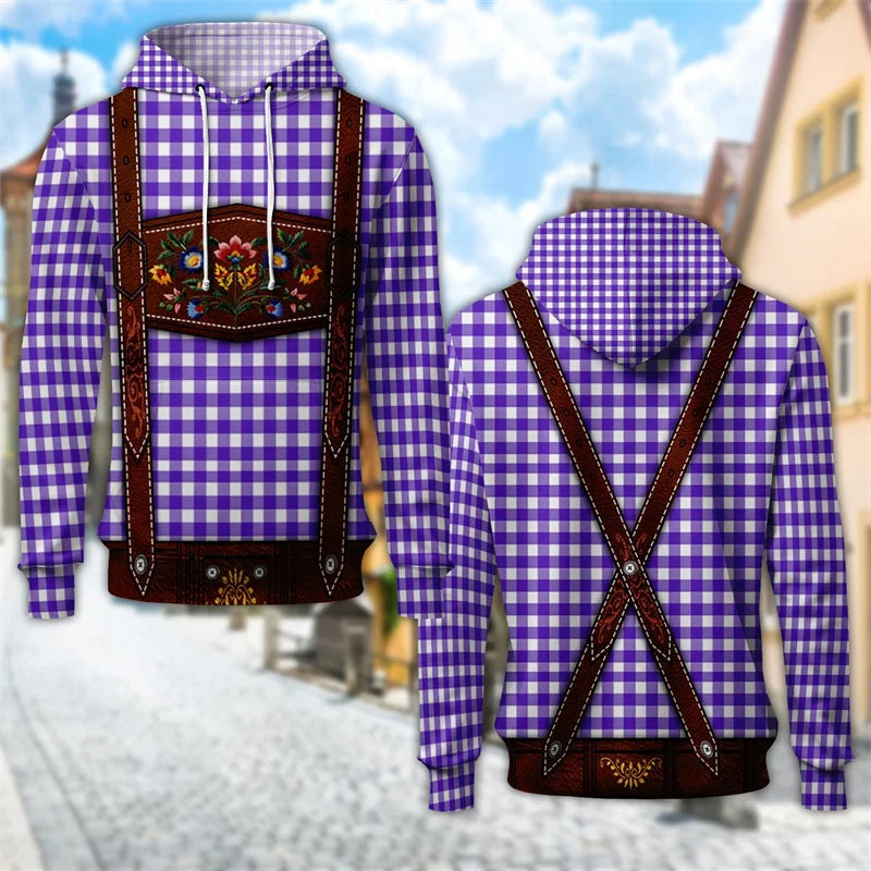 Unisex hættetrøje med print af seler og bayersk eller ternet mønster