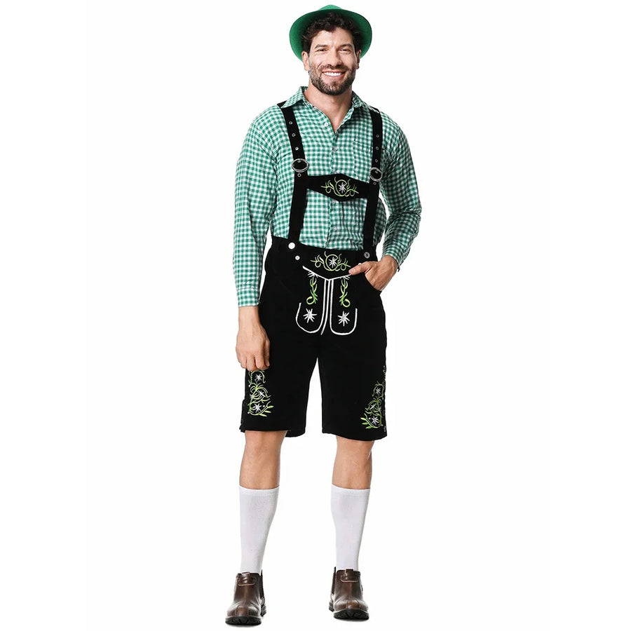 Completo da uomo in pelle con pantaloni corti tradizionali verdi a quadri e marroni ricamati oppure neri ricamati