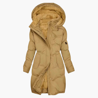 Lang vinterfrakke med hætte til kvinder, elegant og varm stil, ideel til vinteren