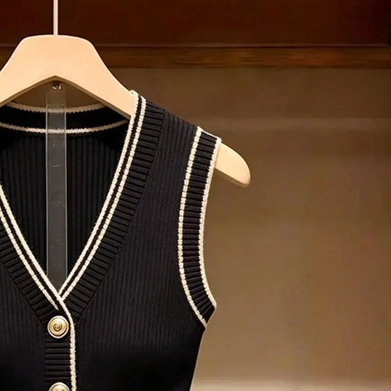 Giletto da donna nero a coste senza maniche con scollo a V, righe bianche e bottoni dorati