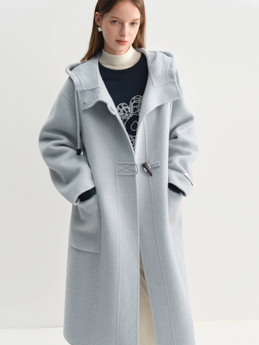 Women's Long Hooded Duffle Coat with Toggle Fastenings and Patch Pockets
