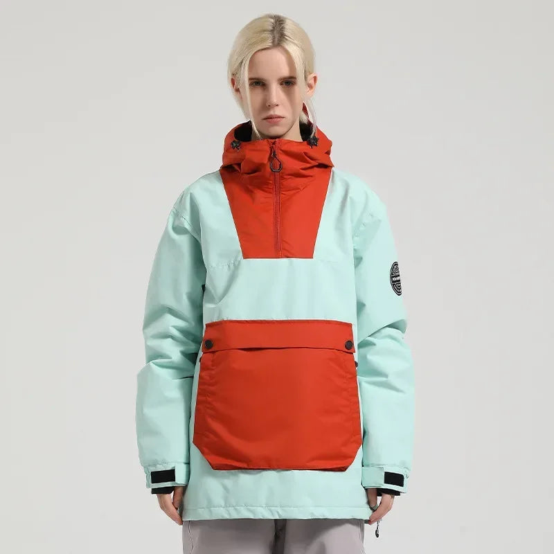 Damen-Anorak-Skijacke mit Kapuze, wasserdicht und winddicht, mit großer Fronttasche