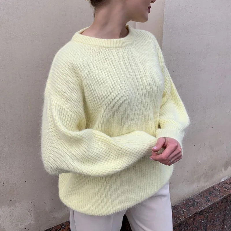 Jersey holgado de punto de canalé para mujer, con cuello redondo y mangas largas