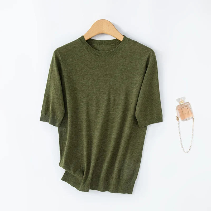 T-shirt casual da donna in maglia a maniche corte con collo rotondo e tinta unita