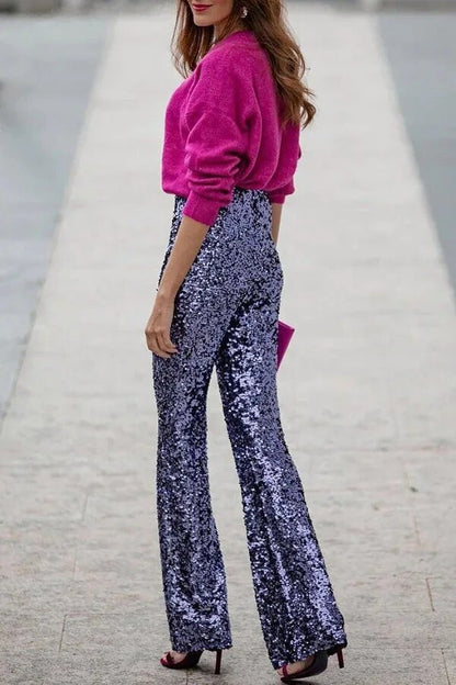 Pantalon Large à Paillettes à Taille Haute et Élastique