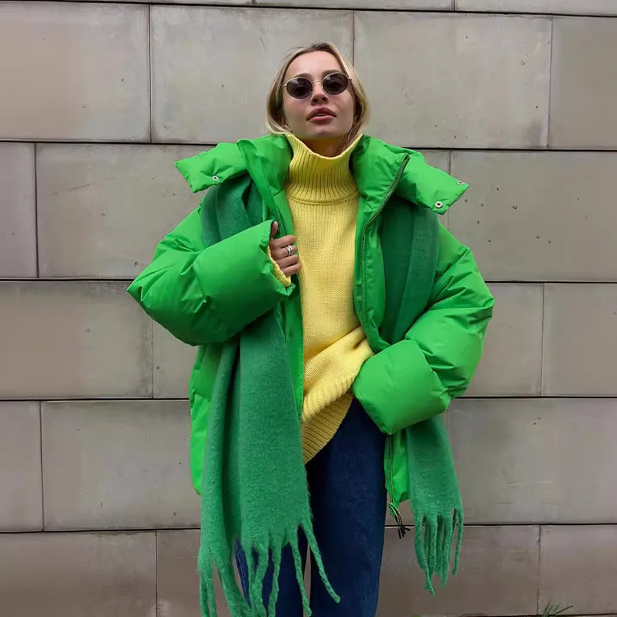 Kurze gesteppte Damen-Daunenjacke mit Kapuze, einfarbig
