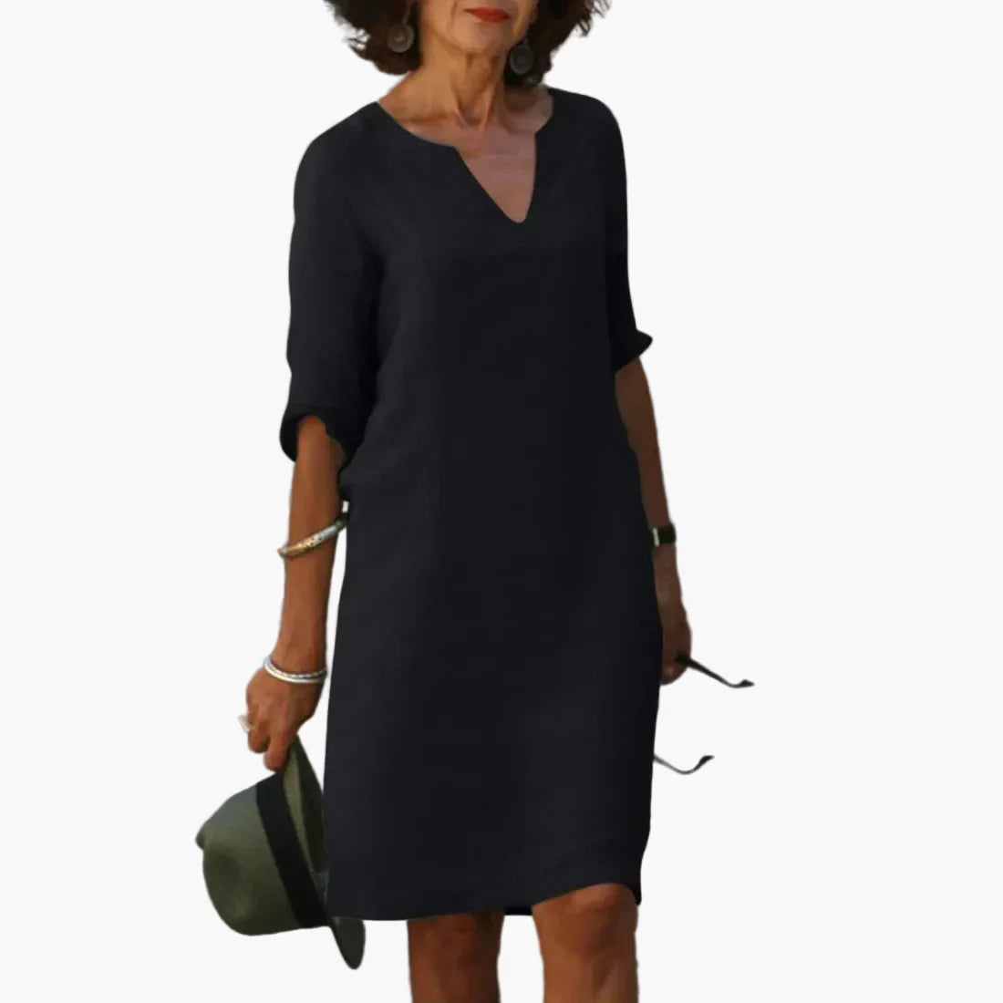 Robe Femme Élégante Décontractée à Col V et Manches 3/4 – Style Polyvalent pour Bureau et Loisirs