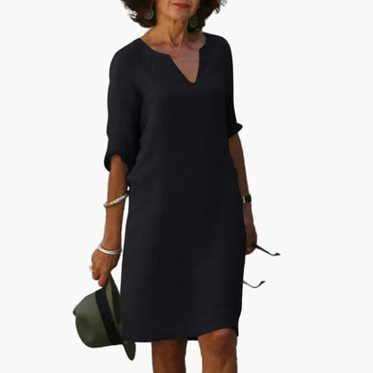 Robe Femme Élégante Décontractée à Col V et Manches 3/4 – Style Polyvalent pour Bureau et Loisirs