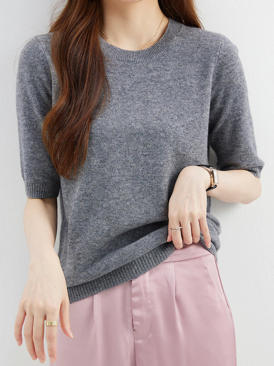 Women's Short-Sleeve Solid-Color Knit Crew-Neck Top