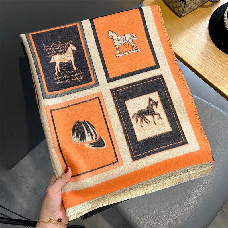 Soft multicolored scarf with rider and carriage motif and fringes