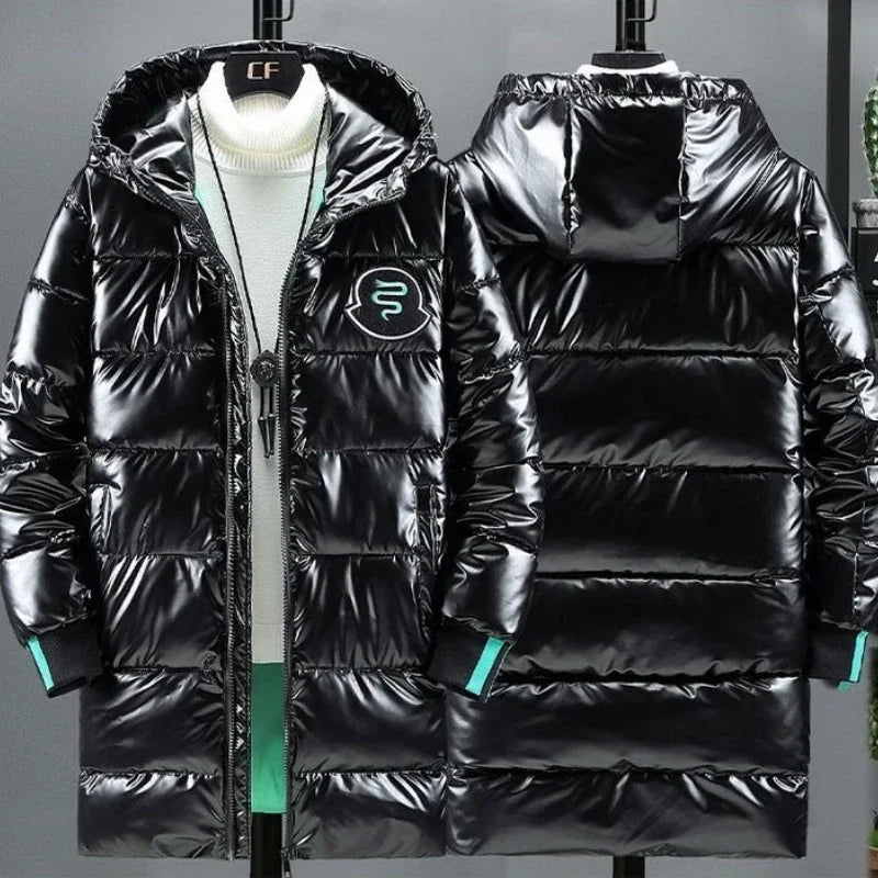 Cappotto piumino lungo con cappuccio, nero lucido, da uomo
