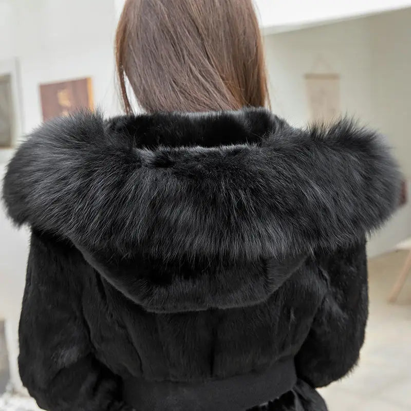 Manteau Femme Fausse Fourrure Noir à Capuche Amovible Long