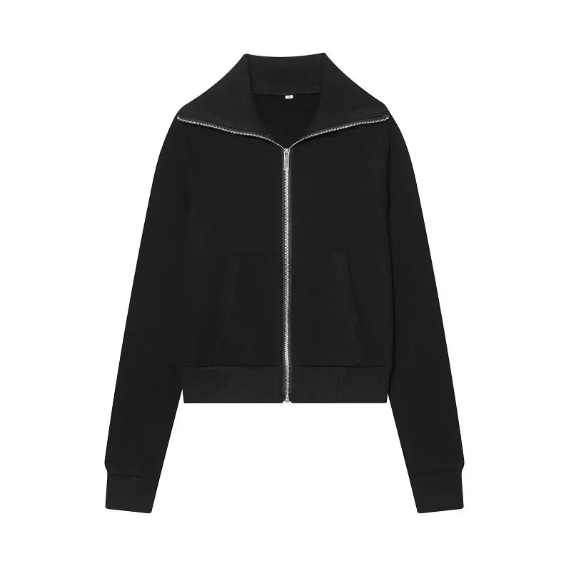 Casual sportieve damesoutfit - kort jack met rits en broek met uitlopende pijpen en hoge taille