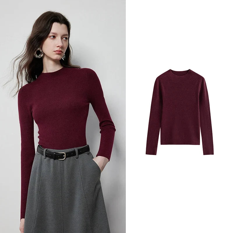 Pull fin femme manches longues col montant côtelé décontracté