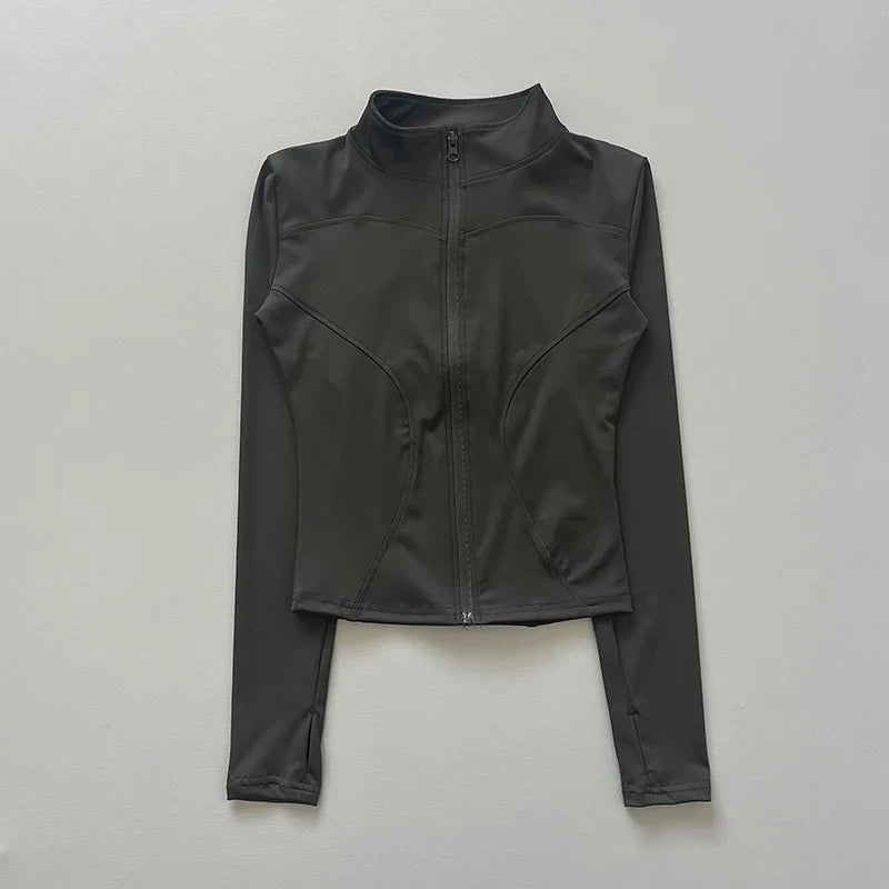 Chaqueta deportiva con cremallera para mujer, cuello alto, mangas largas y orificios para los pulgares, para entrenar