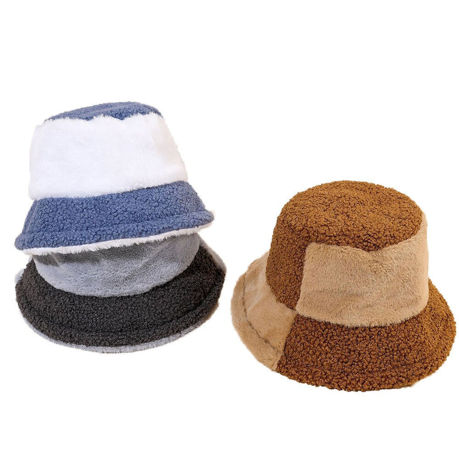 Soft Two-Tone Plush-Style Bucket Hat, Brown and Beige