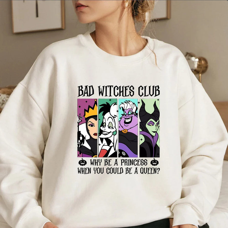Damska bluza z okrągłym dekoltem i nadrukiem „Bad Witches Club”, z długimi rękawami, casualowa