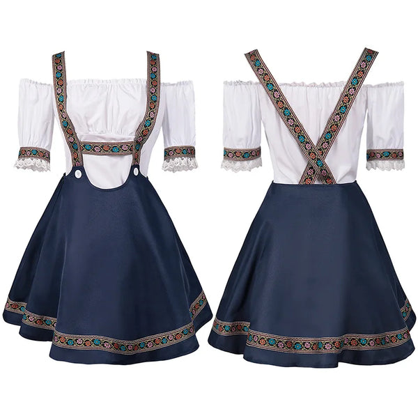 Robe Dirndl Bavarois Femme Épaule Dénudée Jupe Bretelles Brodé Blanc Bleu Marine