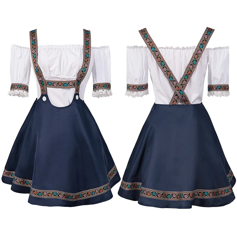 Bayersk dirndl-kjole til kvinder med bare skuldre, nederdel med stropper, broderi, hvid og marineblå
