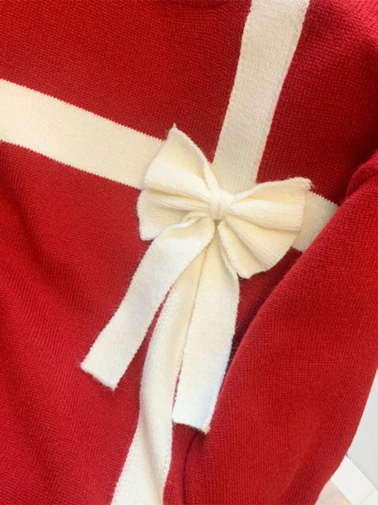 Loose-Fit Red Sweater with White Bow Tie