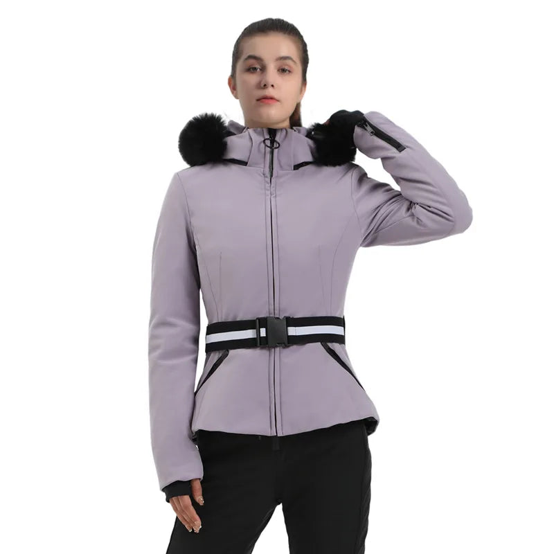 Veste de Ski Femme Motif Pied-de-Poule Noir et Beige avec Capuche et Ceinture
